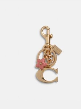 NWT Coach Signature C Gold-tone Bag Charm Keyring with Pink Flower